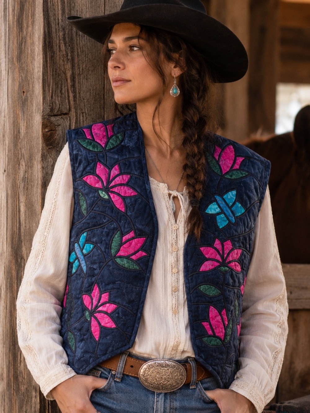 Quilted Navy Vest with Pink & Teal Floral Appliqué